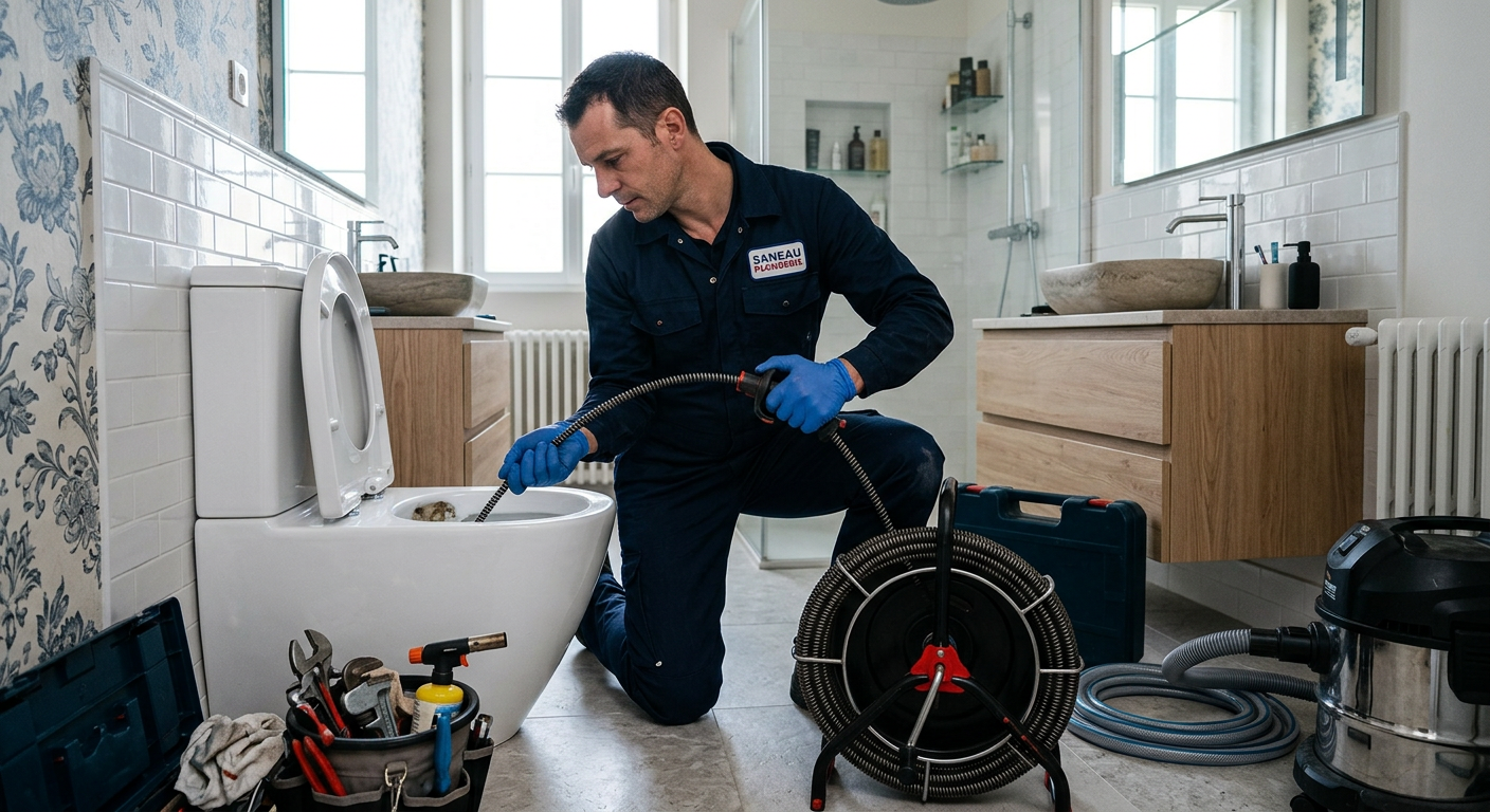 Plombier débouchant des WC avec un furet électrique à Saint-Germain-en-Laye